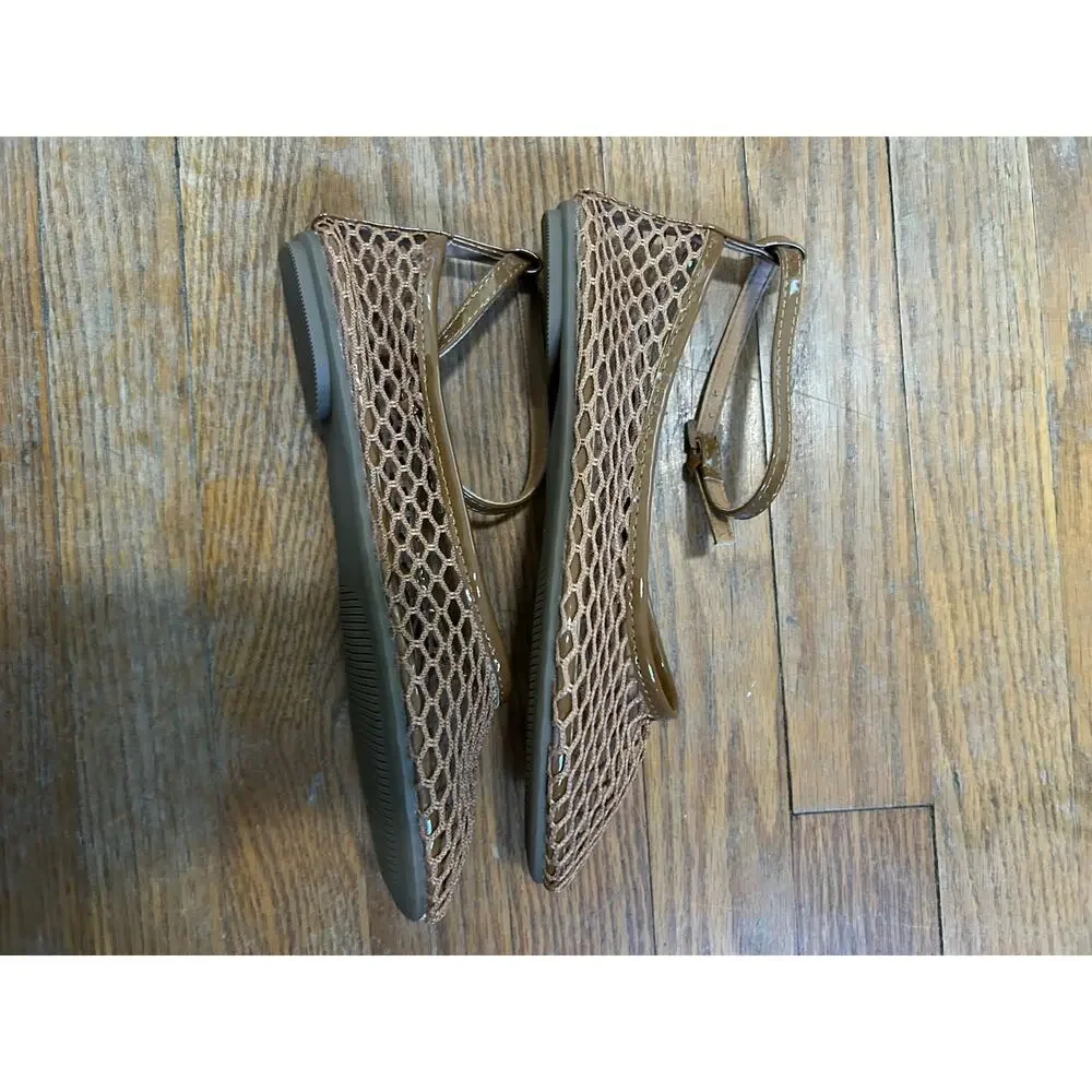 Mesh Ankle Strap Ballet Flats Mary Jane Size 7 Tan Round Toe NEW